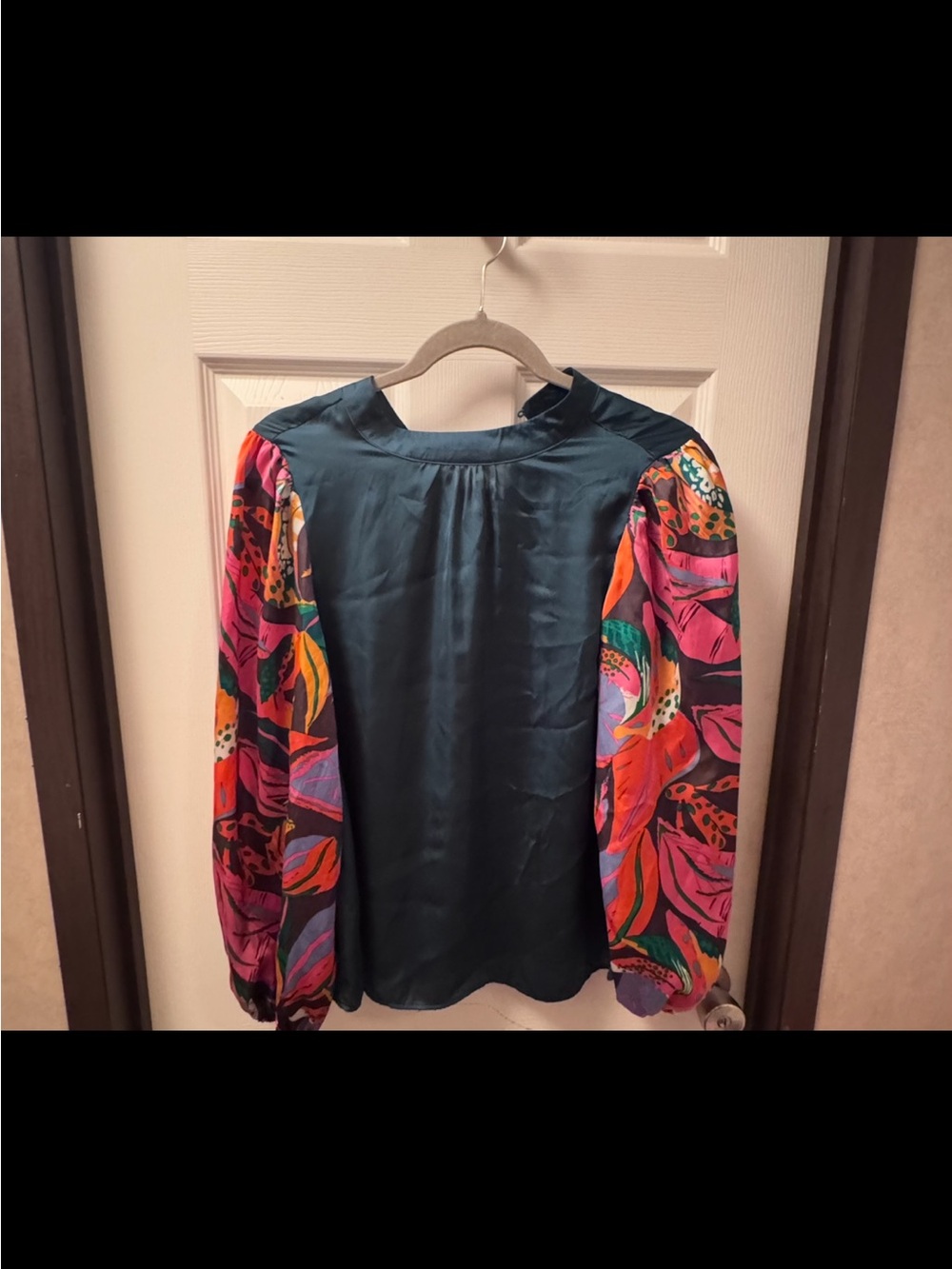 Michelle McDowell Satin Teal Blouse with Colorful Printed Balloon Sleeves